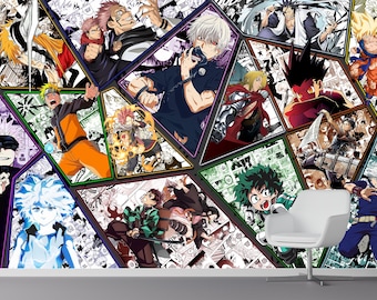 Anime Manga Wallpaper Japanese Collage Peel & Stick Comic Cartoon Line Art Gamer Wall Mural Bedroom Living Room Playroom Office Teen Room