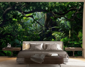 Tropical Jungle Forest Peel and Stick Mural , Rainforest Path Wall Mural, Non Woven Nature Wallpaper, Lush Green Biophilic Decor