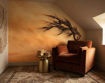 Desert Tree Wall Mural, Orange Sand Dunes, Boho Bedroom Wallpaper (Peel & Stick or Non-Woven)