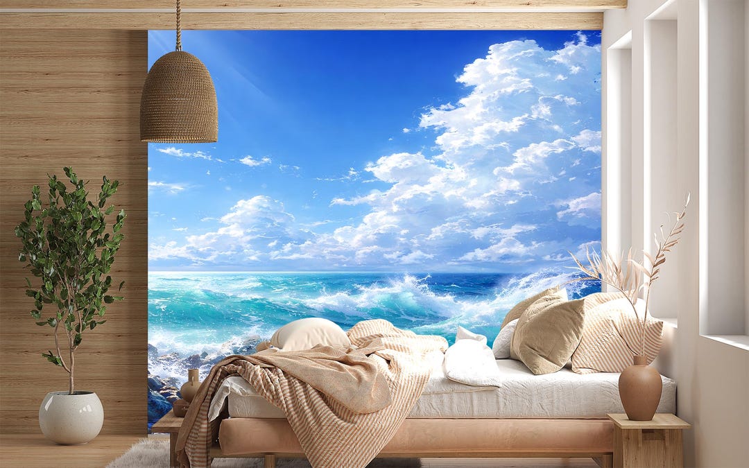 Ocean Wave Peel and Stick Wall Mural Blue Sea Landscape Non-woven ...