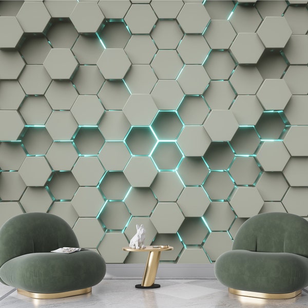 Hexagon Grey Blue Geometric Themed Abstract Wall Art Mural Wallpaper Print Peel and Stick Wall Decor Home Room Textured Peel And Stick