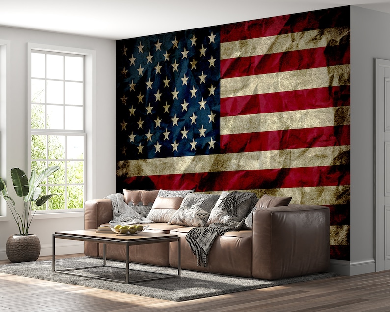 American Flag Wall Mural Wall Decor Vintage Flag Wall Art Peel Etsy