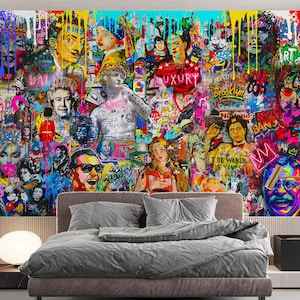 Carta da parati colorata in stile urbano con graffiti pop art, stile street, murale moderno con graffiti, staccabile e attaccabile, per camera da letto, soggiorno, studio, club, hotel.