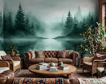 Misty Forest Wall Mural Peel & Stick – Evergreen Pine Trees Fog Landscape Wallpaper, Dark Green Nature Wall Decor for Living Room