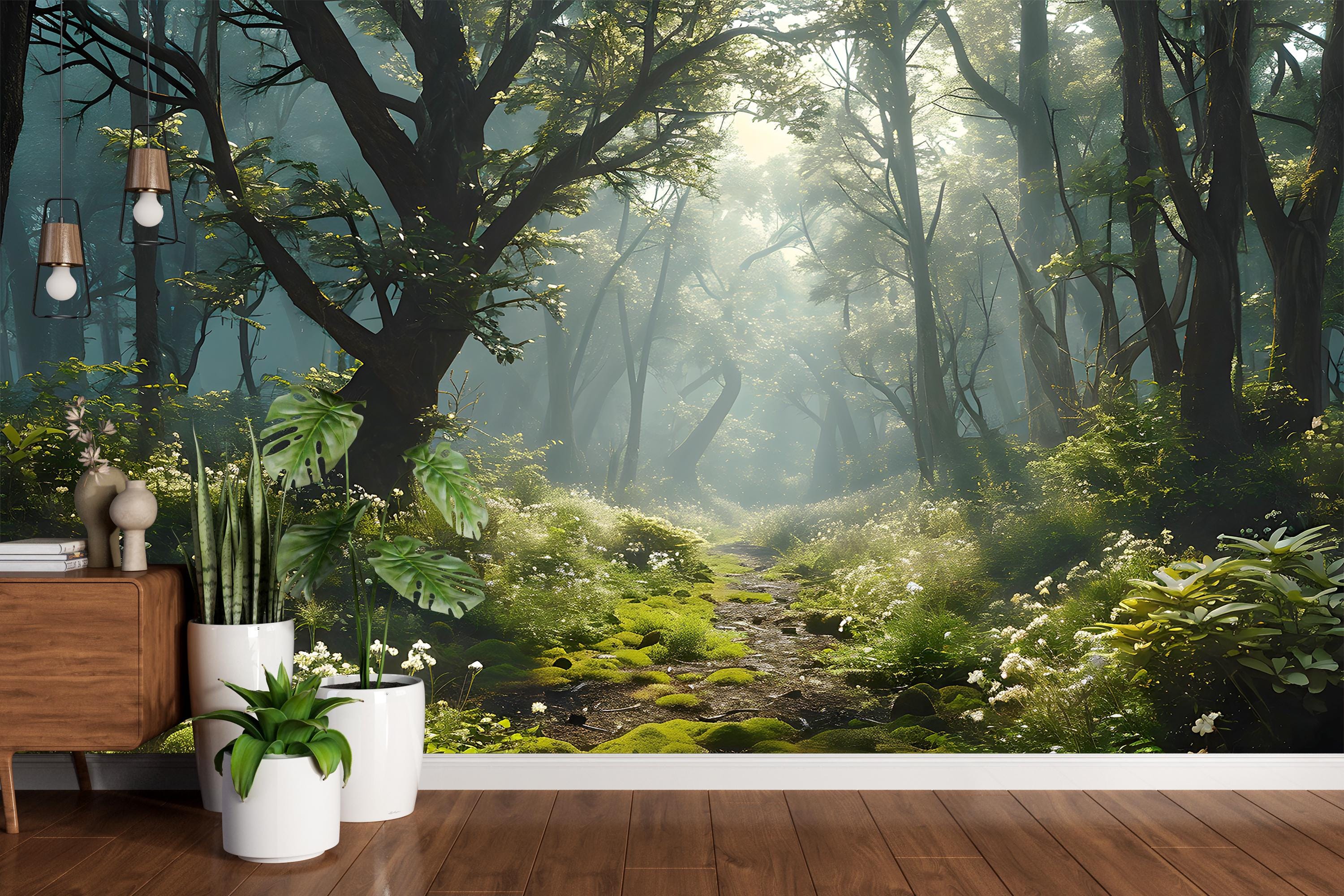 Woodland Forest Wallpaper Sunlight Trees Landscape Accent Wall Mural