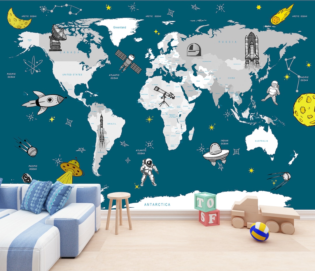Child World Map Baby Room Wallpaper Kids Print Peel and Stick Nursery