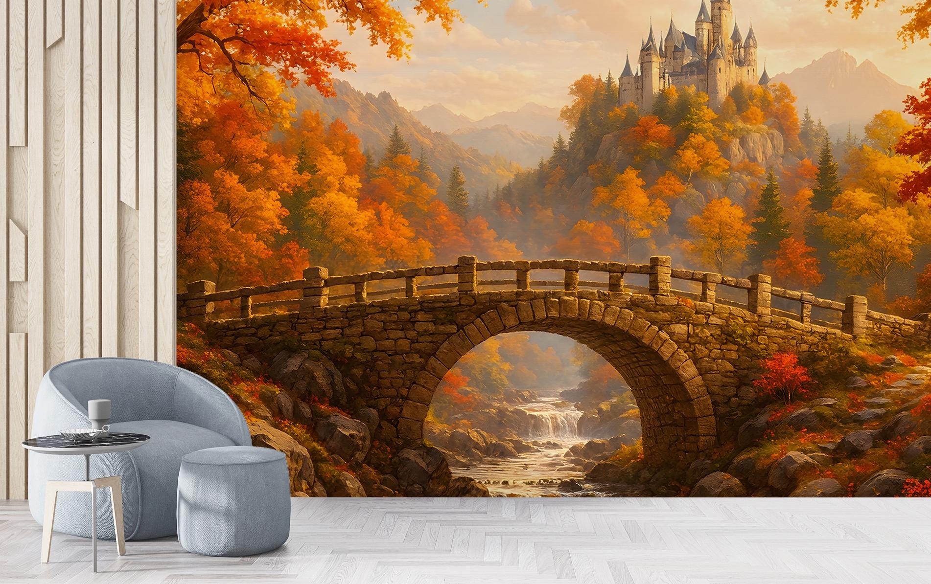 Fairytale Castle Autumn Forest Mural – Scenic Panorama Wall Wallpaper ...