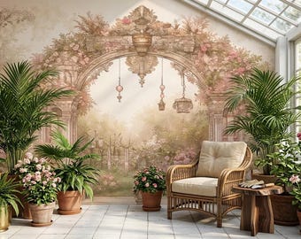 Vintage Floral Arch Wall Mural Peel and Stick Wallpaper Romantic Garden Wallpaper Shabby Chic Rose Wall Decor Classic Mural Bedroom