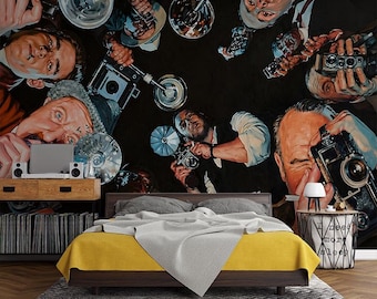 Mural de pared vintage de paparazzi, papel tapiz de cámara retro, arte de fotografía noir, multitud de prensa de mediados de siglo, papel tapiz no tejido removible