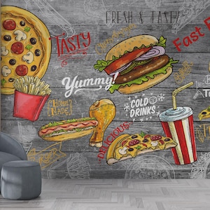 Papel pintado de comida callejera, mural de pared, papel pintado de restaurante de comida rápida, hamburguesa, pizza, cocina, decoración, comedor, mural artístico, cafetería, snack-bar, fondo interior