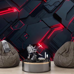 Techno Wandbild Dunkle futuristische Tapete Rot Neon Design Cyberpunk selbstklebende Wandkunst zum Schälen und Aufkleben für Spielzimmer Spielzimmer Büro