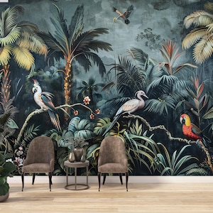 Carta da parati botanica tropicale, murale da parete in vinile con uccelli esotici, carta da parati con foglie di palma, carta da parati staccabile e adesiva, soggiorno, camera da letto, ufficio