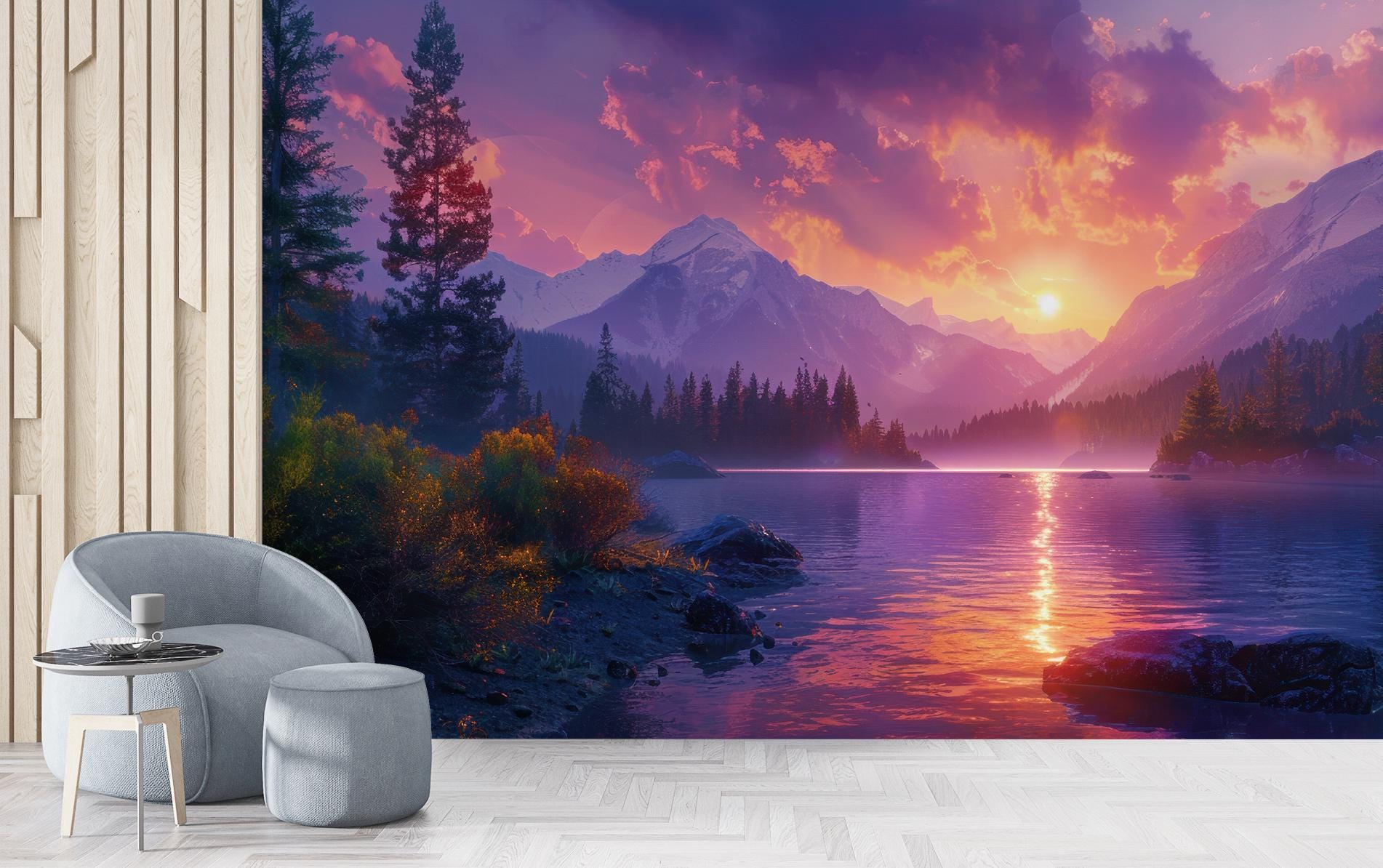 Sunset Mountain Lake Wall Mural Peel & Stick Nature Wallpaper Vibrant ...