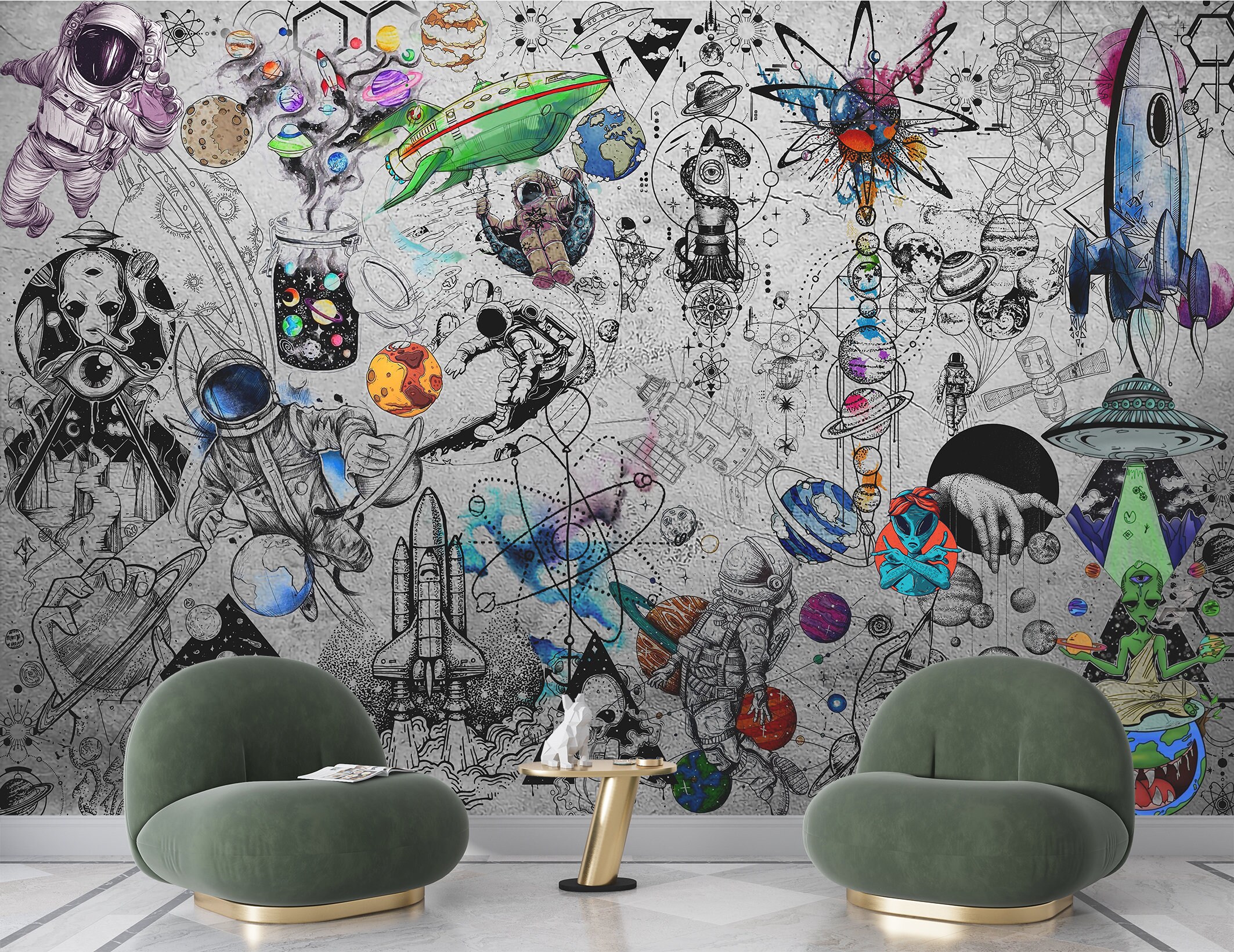 Funky Alien Wall Mural, Space Graffiti Peel and Stick Wallpaper, Cosmic ...