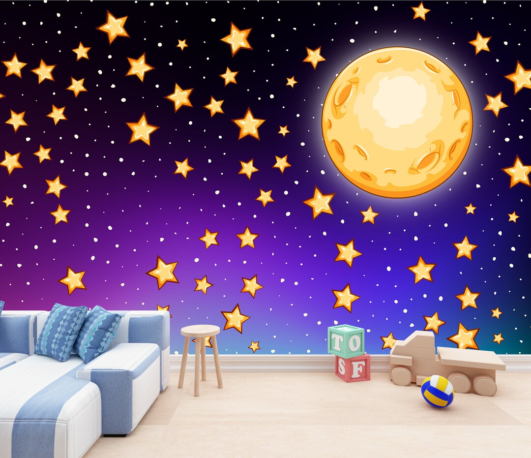 Moon and Stars Mural Baby Room Wallpaper Kids Print Peel and Stick Nursery Wallpaper Night Sky