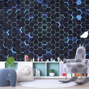 Geometric Blue Wallpaper Hexagon Peel And Stick Vinyl Mural Abstract Tech Design Hexagon Print Gamer Room Accent Wall Mural Futuristic Vibe