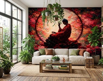 Buddha Wall Mural Zen Meditation Wallpaper Floral Mandala Art Peel and Stick Spiritual Wall Decor Living Room Bedroom Yoga Room