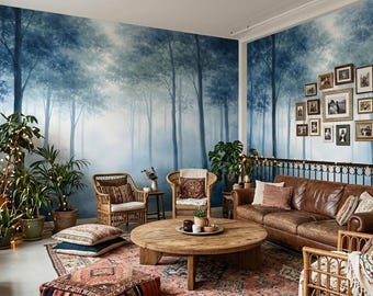 Foggy Pine Forest Wall Mural Non-Woven – Misty Woodland Wallpaper, Dark Green Nature Wall Decor for Home