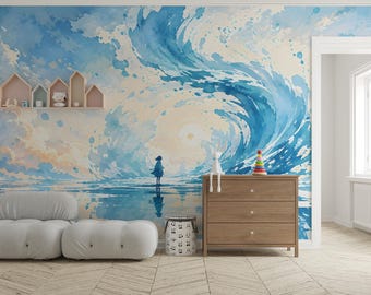Watercolor Sea Wave Wall Mural, Kids Room Wallpaper, Ocean Beach Nursery Wall Decor, Blue Waves Wall Art, Custom Size Peel Stick Wallpaper