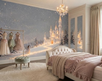 Winter Wonderland Wall Mural, Fairy Tale Castle Peel and Stick Wallpaper, Snowy Forest Nursery Decor, Magical Castle Wall Art