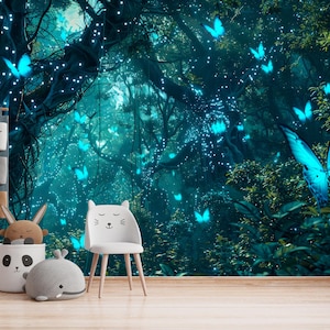 Carta da parati murale con farfalle della foresta magica, murale da staccare e attaccare, per la cameretta dei bambini, camera da letto da favola, dimensioni personalizzate