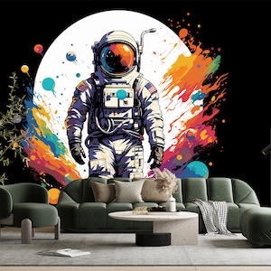 Carta da parati colorata con astronauta, murale spaziale nero, stacca e attacca, galassia astratta, ufficio, casa, parete per adolescenti, decorazione per la stanza, stampa in vinile autoadesivo