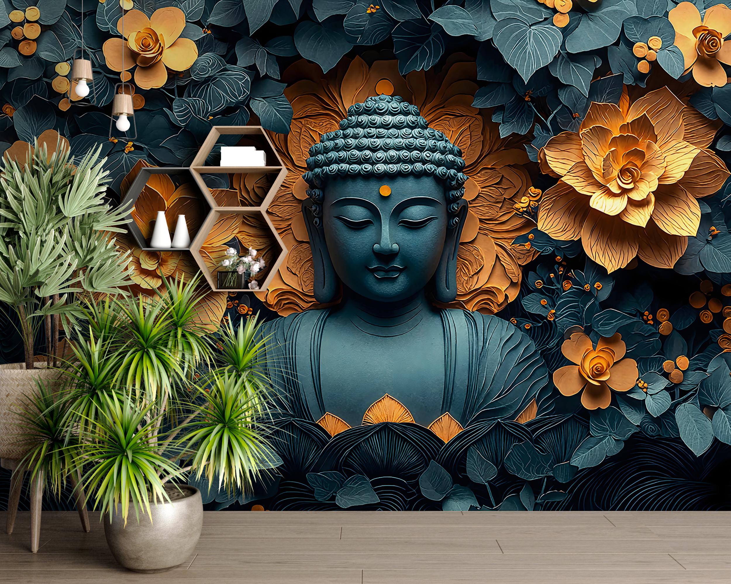 Gold Blue Buddha Wallpaper Mural: Spiritual Botanical Floral Wall