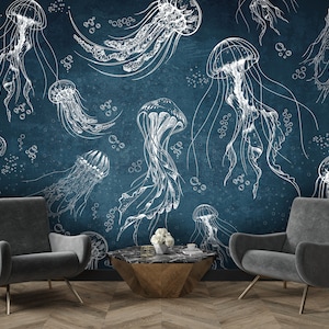 Qualle Dunkel Marine Blau Tapete Gezeichnet Meerestier Abstrakter Ozeandruck Wandbild Schälen und Aufkleben Vinyl Tapete Elegante Stimmungsvolle Tapete