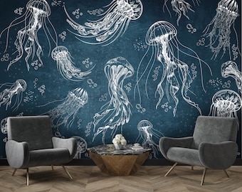 Jellyfish Dark Marine Blue Wallpaper Drawn Sea Animal Abstract Ocean Print Wall Mural Peel and Stick Vinyl Wallpaper Elegant Moody Wallpaper