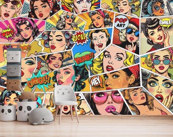 Pop Art Women Illustration Wallpaper Mural (Peel and Stick)