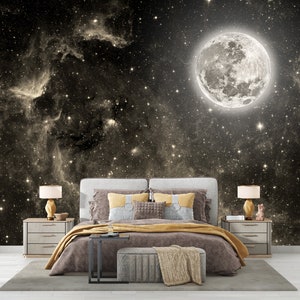 Moon With Stars Vinyl Wallpaper Peel and Stick Print Art Self Adhesive Wall Mural Night Sky With Stars Luxurious Mural Wall Decor Bedroom