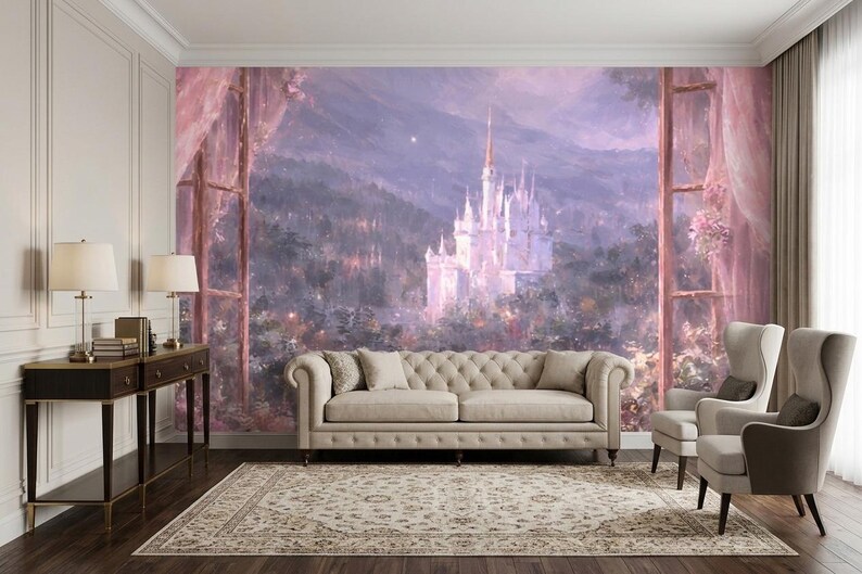 Pastel Fairytale Castle Wall Mural: Kids Princess Nursery Decor (peel ...