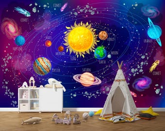 Papier peint mural système solaire pour enfants, lumineux et éducatif, décoration murale autocollant espace, papier peint amovible pour chambre d&#39;enfants, galaxies planètes apprenant