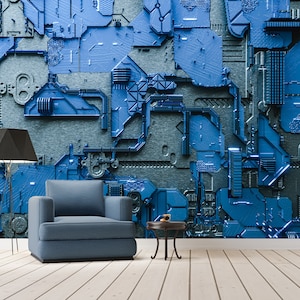 Techno Wand Hintergrund Tapete Blau Wandbild Schälen und Aufkleben Gepanzert Futuristisch Cyber Tor Metallwanddekor Selbstklebendes Wandbild Wand Schlafzimmer