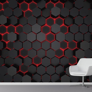 Papel tapiz con formas hexagonales en negro y rojo, mural de pared abstracto, papel tapiz para pared con diseño de juegos, decoración para el hogar, habitación de juegos