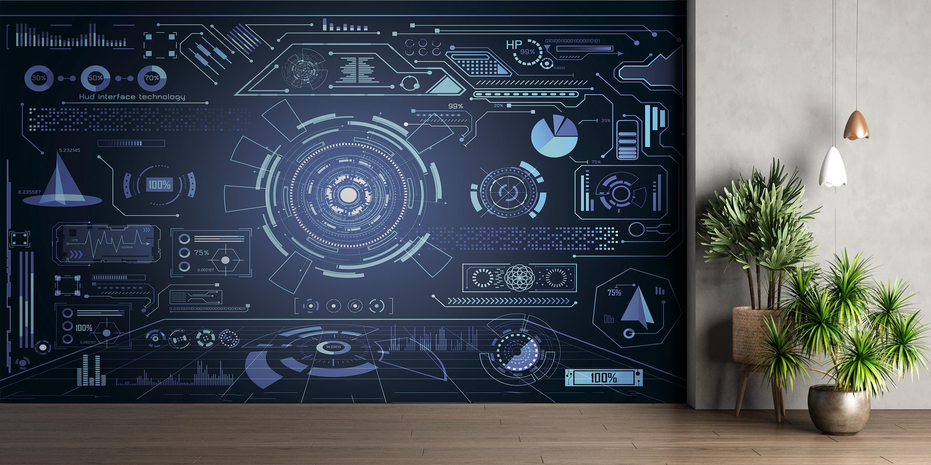 Futuristic Tech Wall Mural: Blue Neon Sci-fi Control Panel Vinyl (peel ...