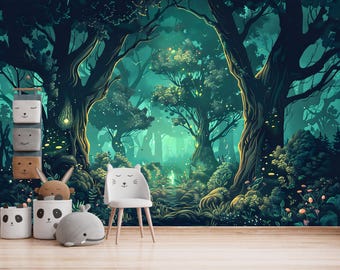 Mural de pared Bosque de Cuento de Hadas, Papel pintado autoadhesivo de bosque mágico, paisaje natural fantástico para habitación infantil, bosque encantado místico