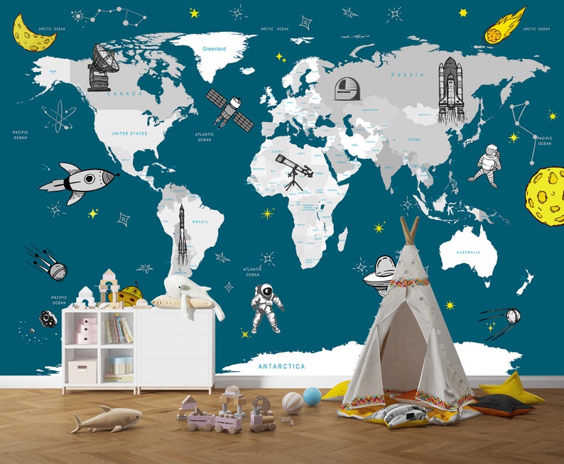 Child World Map Baby Room Wallpaper Kids Print Peel and Stick Nursery