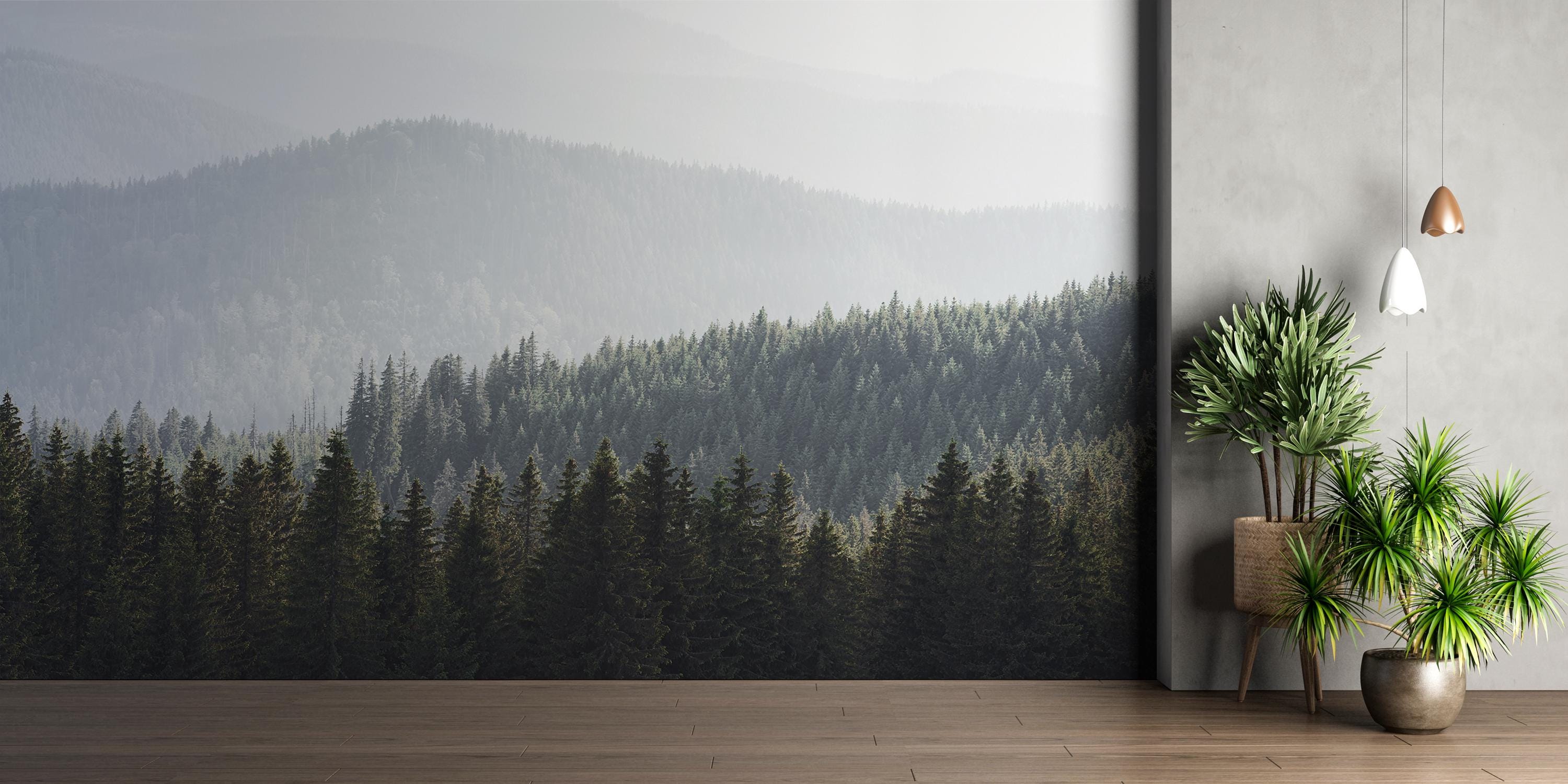 Foggy Forest Landscape Wallpaper Peel and Stick Nature Wall Mural Green ...
