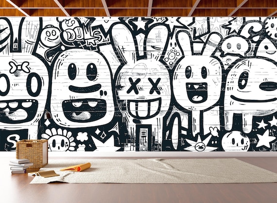 グラフィティバニーストリートアート壁紙壁画：白黒の輪郭装飾 - Etsy 日本