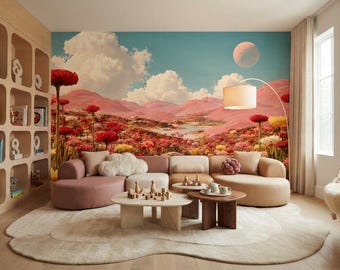 Pink Fantasy Landscape Wallpaper, Dreamy Mountain Wall Mural, Floral Nature Wallpaper, Pastel Scenic Decor, Peel and Stick