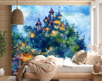 Mural de pared de vinilo autoadhesivo con diseño de castillo mágico y flores de bosque encantado, ideal para dormitorio o habitación infantil.