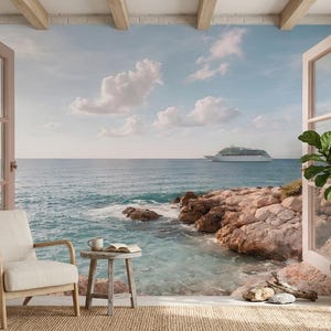 May include: A serene interior scene featuring a large mural of a seascape with a cruise ship on the horizon. A beige armchair, small wooden table, and potted plant are in the room. The windows are open, offering a view of the ocean.
