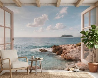 Ocean View Wall Mural: Coastal Seaside Landscape (Peel and Stick Wallpaper)