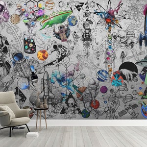 Funky Aliens Wandbild Weltraum Graffiti Tapete abziehen und aufkleben Kosmische Tapete Graffiti Planeten Druck Kinder Wohnzimmer Wandbild Wand Dekor Schlafzimmer