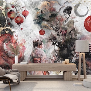 Chinoiserie Wallpaper Japanese Wall Mural Peel And Stick Geisha With Dragon Wallpaper Vintage Asian Wall Mural Vinyl Wallpaper Retro Art