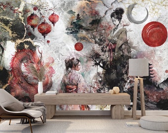 Tapeta w stylu azjatyckim Chinoiserie, japońska fototapeta z gejszą i smokiem, samoprzylepna tapeta winylowa, orientalny wystrój w stylu retro