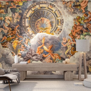 Puede incluir: Un gran mural que representa una escena clásica con numerosas figuras, sobre un fondo de nubes y elementos arquitectónicos. La obra de arte utiliza una paleta de colores cálidos con tonos de marrón, dorado y azul.