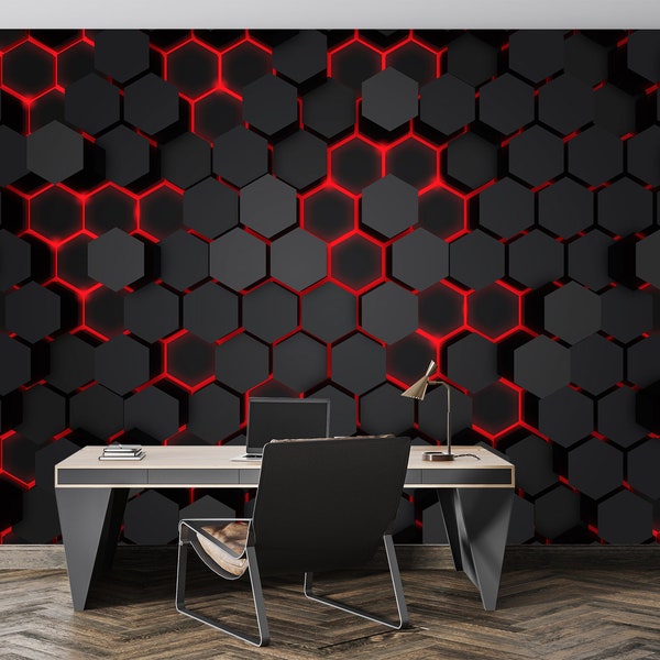 Black Red Hexagon Shapes Abstract Wall Art Mural Wallpaper Print Peel and Stick Gaming Wall Art Decor Wallpaper Wall Mural Decor Home Room