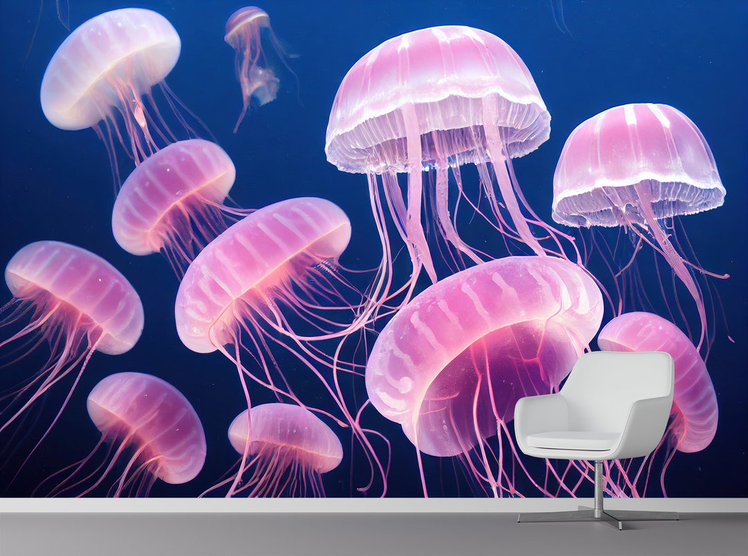 Glowing Jellyfish Wallpaper Peel and Stick Sea Wall Mural Print Self